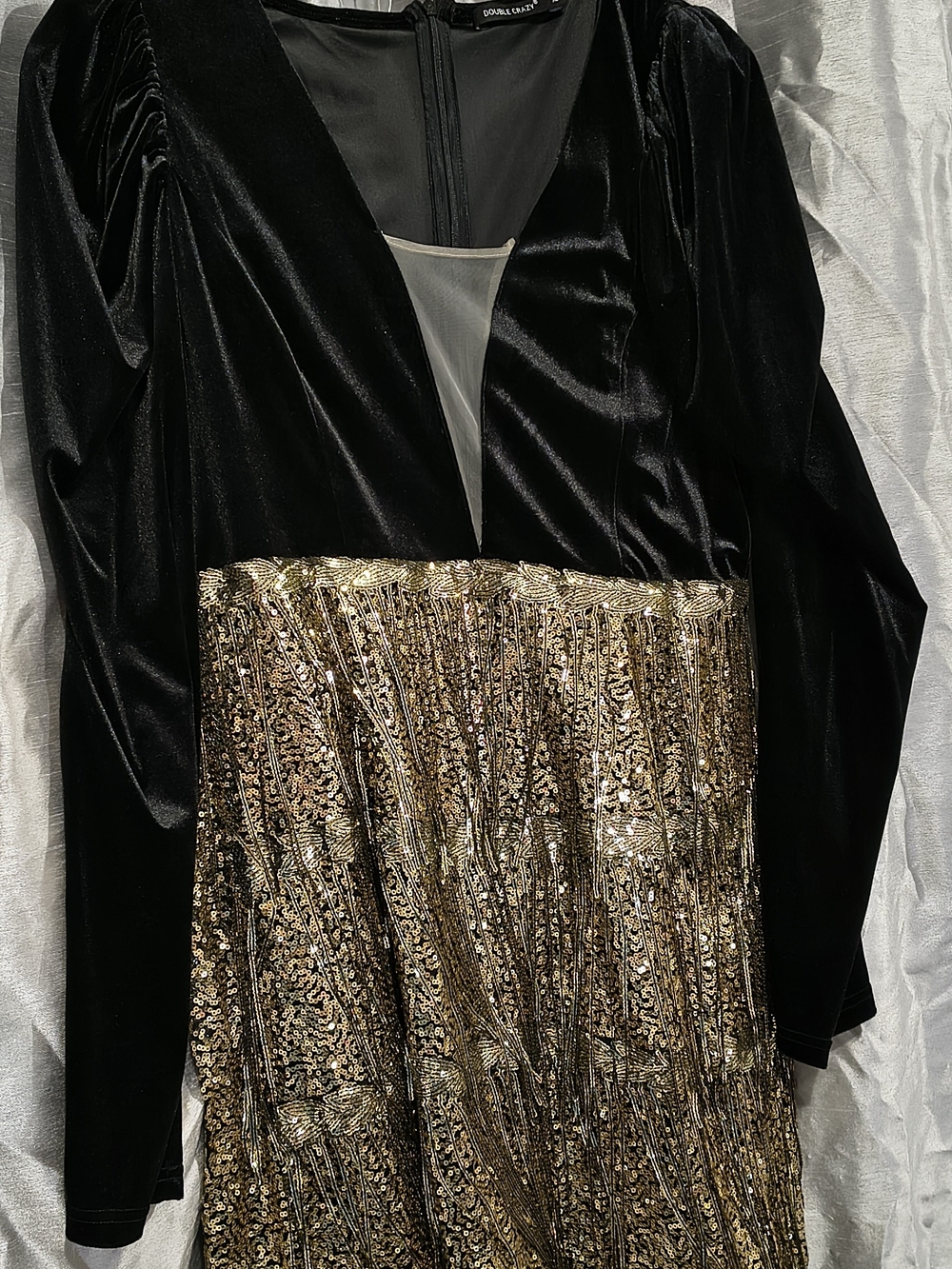 Elegant Black Velvet & Gold Sequin Backless Dress